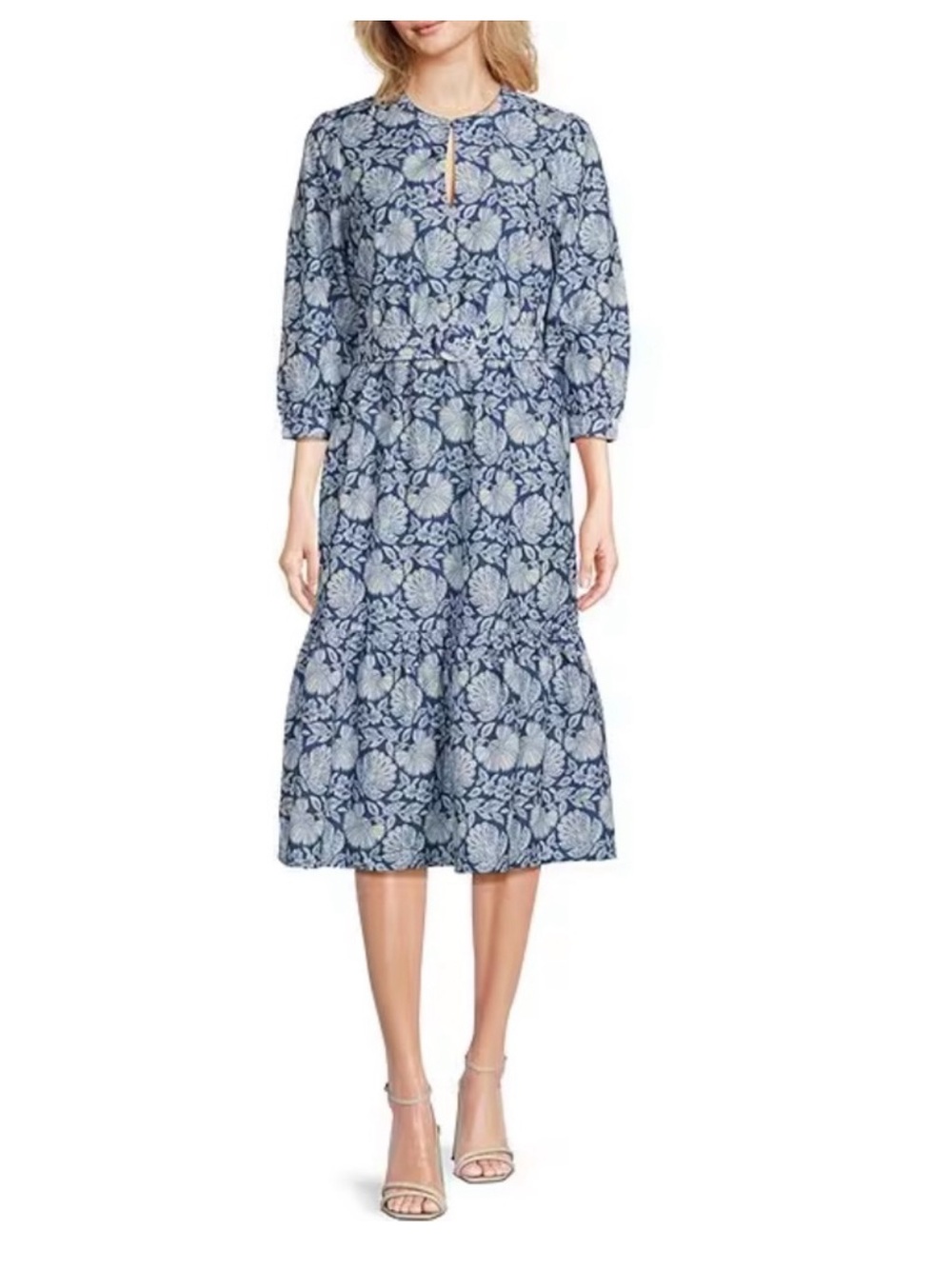 NWT J.McLaughlin Silk Cotton Floral Round Split V-Neck 3/4 Bishop Sleeve Dress - Picture 6 of 12